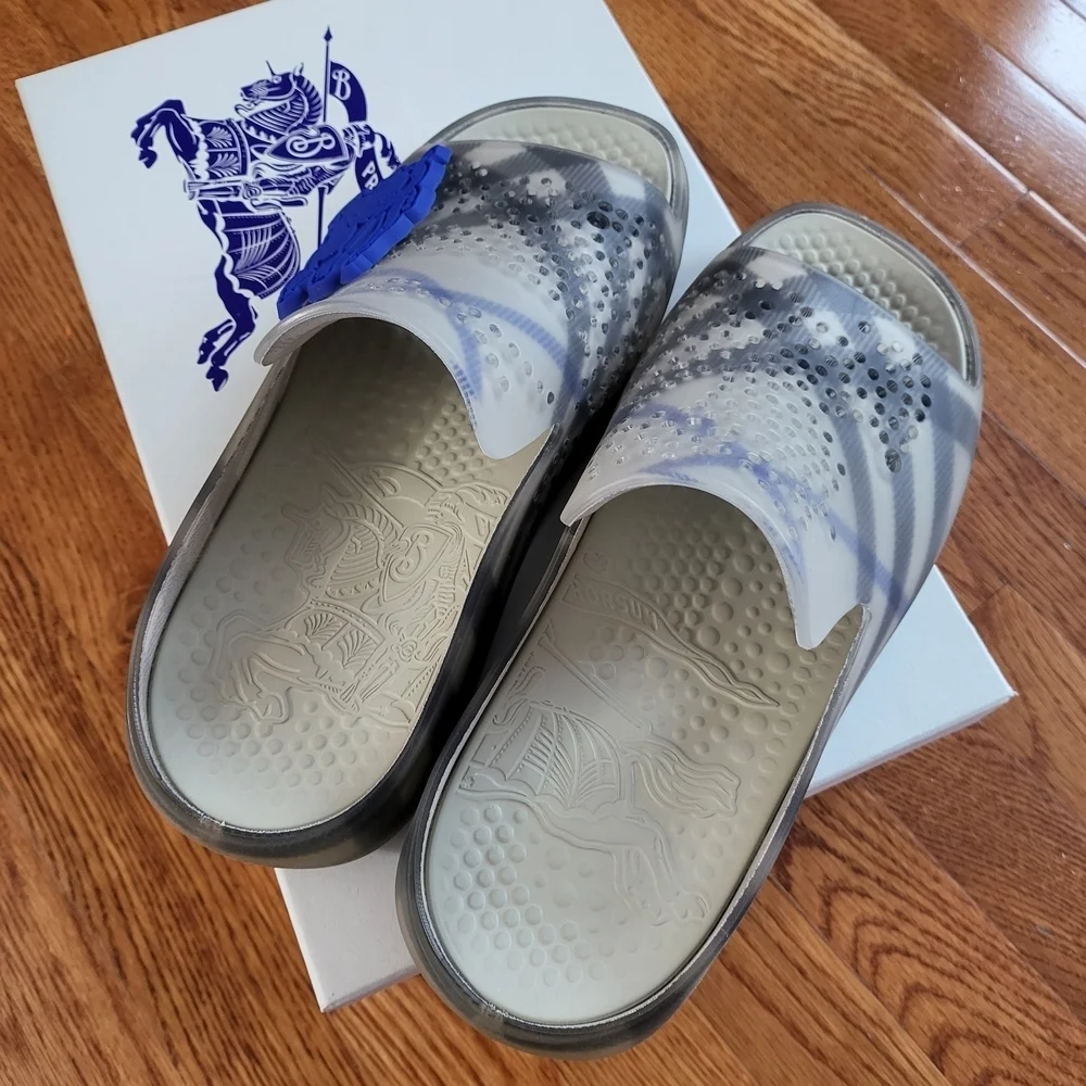 Burberry Gray Plaid Slide Sandals